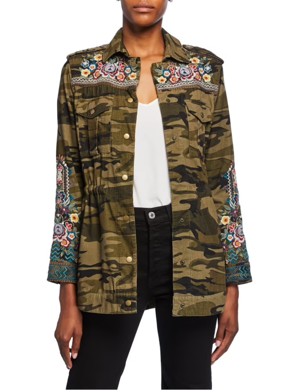 Johnny Was Workshop Molly Camo Baby Cord Embroidered Button-Front Jacket